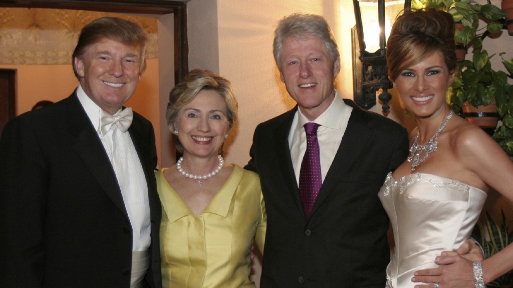 PALM BEACH, FL:  Newlyweds Donald Trump Sr. and Melania Trump with Hillary Rodham Clinton and Bill Clinton at their reception held at The Mar-a-Lago Club in January 22, 2005 in Palm Beach, Florida. (Photo by Maring Photography/Getty Images/Contour by Getty Images)